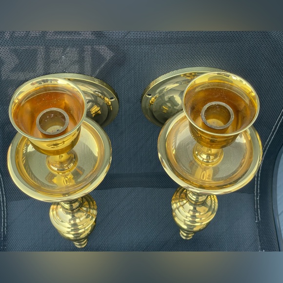 Vintage Pair of Solid Brass Shiny Wall Candle Sconces Hollywood Regency India - Picture 4 of 14